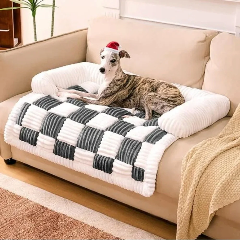 FUNNY FUZZY Pet Couch Covers for Sofa, Cream Square Plaid Cozy Sofa Pad, Black